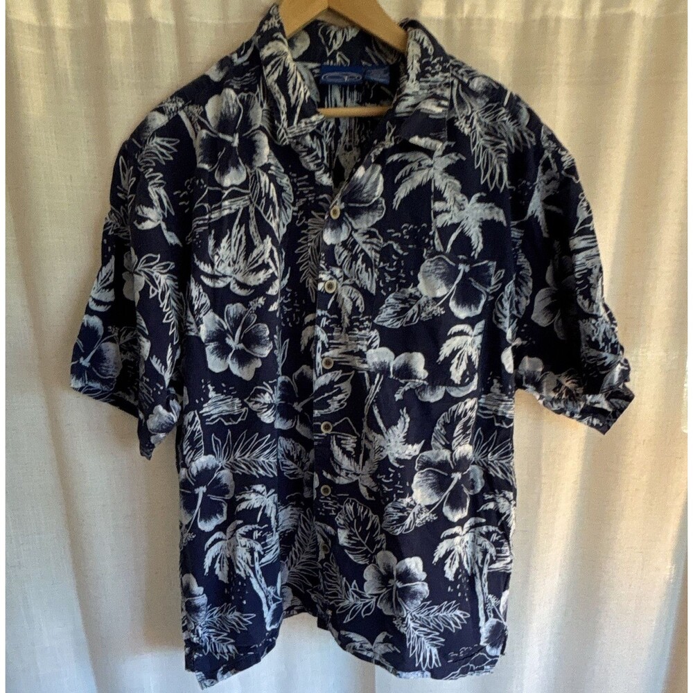 Vintage OP Men's Blue/White Tropical Floral Short Sleeve Button-Up Shirt size L
